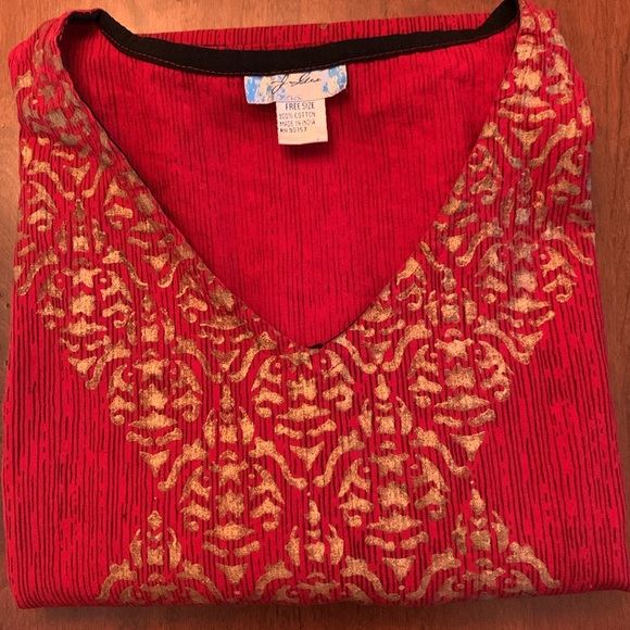 New Made in India Red Black & Gold Cotton “Free Size” V-Neck Dress w/Side Slits - Picture 2 of 11